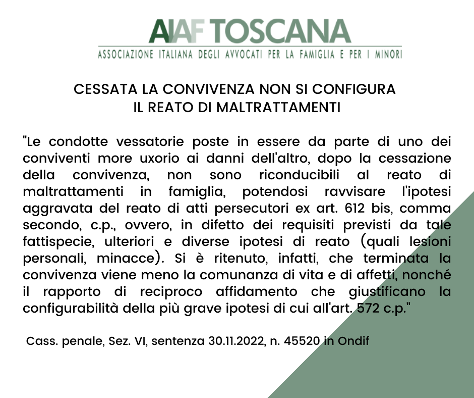 Rassegna giurisprudenziale CESSATA LA CONVIVENZA NON SI CONFIGURA IL REATO DI MALTRATTAMENTI